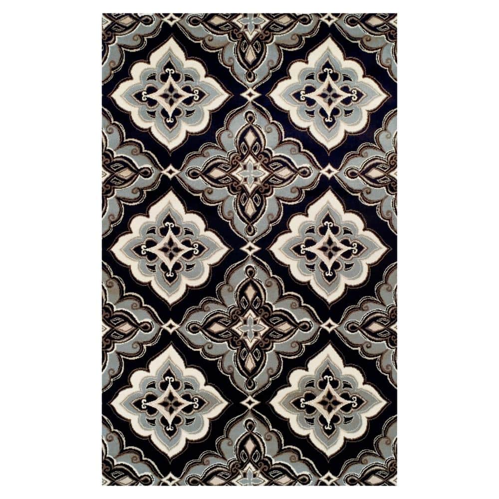 Craw Black 8' x 10' Rectangle Floral, Medallion, Ornamental Polypropylene Area Rug